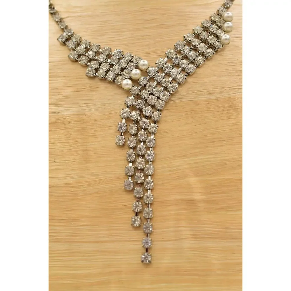 Vintage Crystal Collar Choker Necklace Pearl Silver Chunky Glam 1980s BinBJ